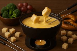 Käsefondue mit Brotstücken