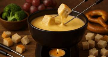 Käsefondue mit Gruyère und Vacherin in traditionellem Schweizer Caquelon mit Brotstücken